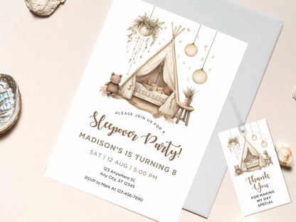 Boho Slumber Party Invitation Template, Sleepover Birthday (Corjl Template)