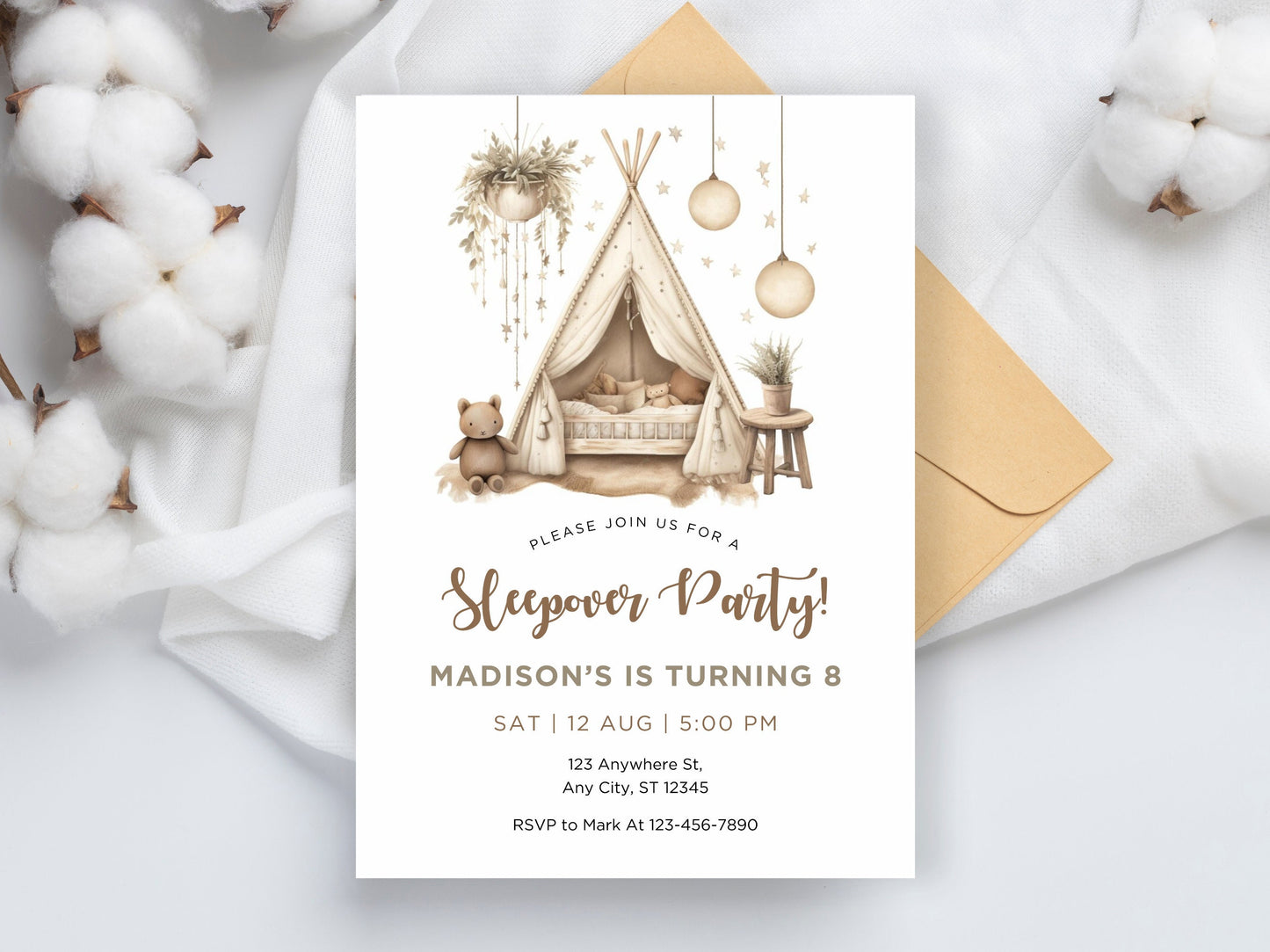 Boho Slumber Party Invitation Template, Sleepover Birthday (Corjl Template)