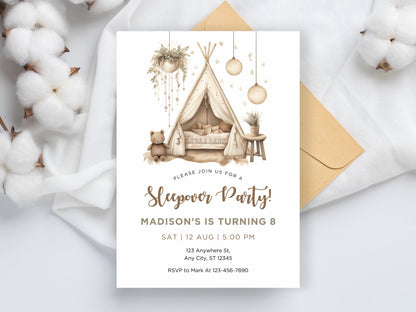 Boho Slumber Party Invitation Template, Sleepover Birthday (Corjl Template)