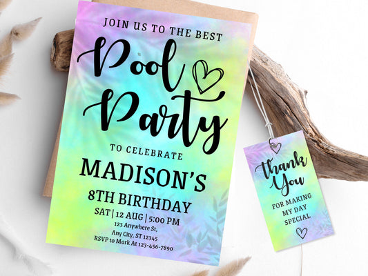 Tie Dye Pool Party Invitation, Editable Birthday Invite (Digital)