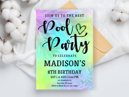 Einladung zur Poolparty im Batik-Stil, bearbeitbare Geburtstagseinladung (digital)