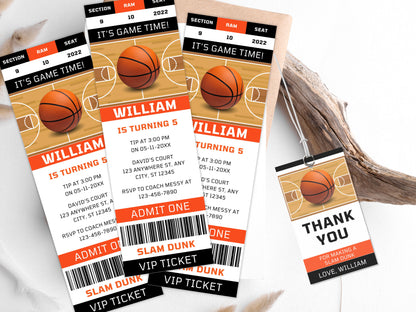 Basketball Birthday Invitation, Editable Thank You Tag (Digital)