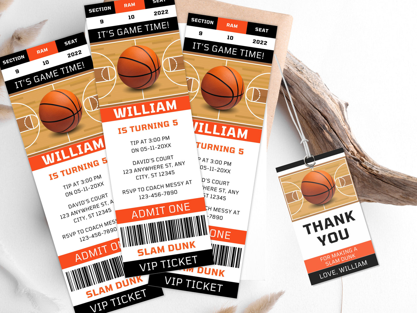 Basketball Ticket Birthday Invitation Template (Corjl Editable)