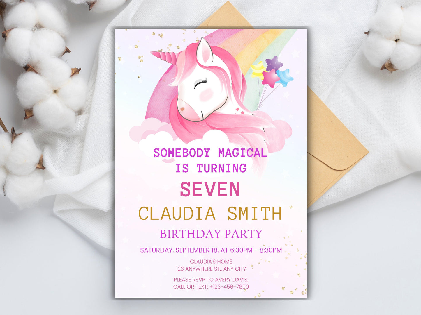 Pastel Rainbow Unicorn Birthday Invitation Template (Digital Download)