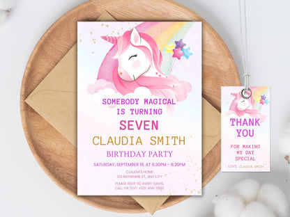 Pastel Rainbow Unicorn Birthday Invitation Template (Digital Download)