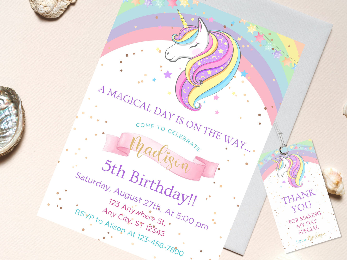 Rainbow Unicorn Birthday Invitation Template, Floral Party Invite (Digital Download)