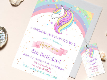 Rainbow Unicorn Birthday Invitation Template, Floral Party Invite (Digital Download)