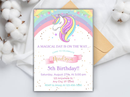Rainbow Unicorn Birthday Invitation Template, Floral Party Invite (Digital Download)