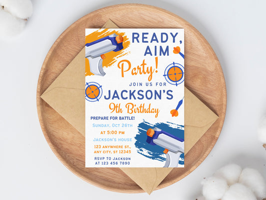 Editable Nerf Birthday Party Invitation, Dart Gun Birthday Party Invitation, Dart Birthday Invite, Editable Canva Template, Instant Download
