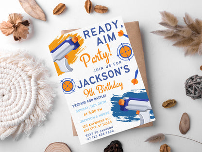 Bearbeitbare Einladung zur Nerf-Geburtstagsparty, Dart-Geburtstagseinladung, Dart-Geburtstagseinladung, bearbeitbare Canva-Vorlage, sofortiger Download