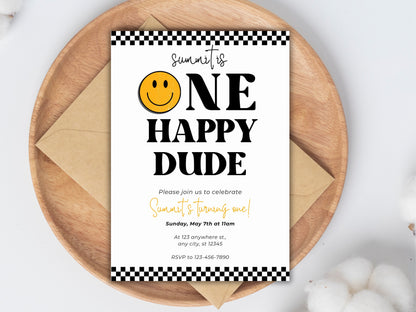 One Happy Dude Birthday Invite, Smiley Face, Checkered (Digital Download)