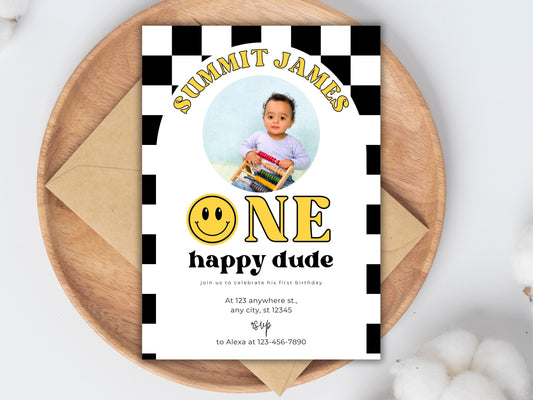 One Happy Dude Birthday Invite, Smiley Face, Editable Template (Instant Download)