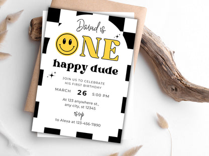 One Happy Dude Birthday Invite, Smiley Face, Emoji (Digital Download)