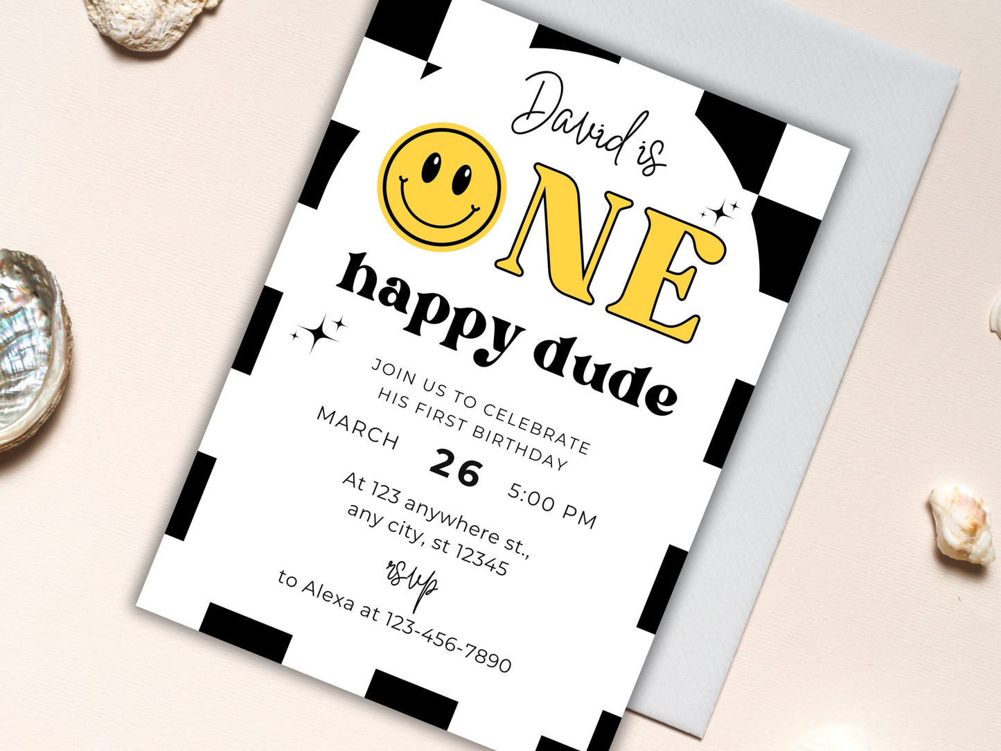 One Happy Dude Birthday Invite, Smiley Face, Emoji (Digital Download)