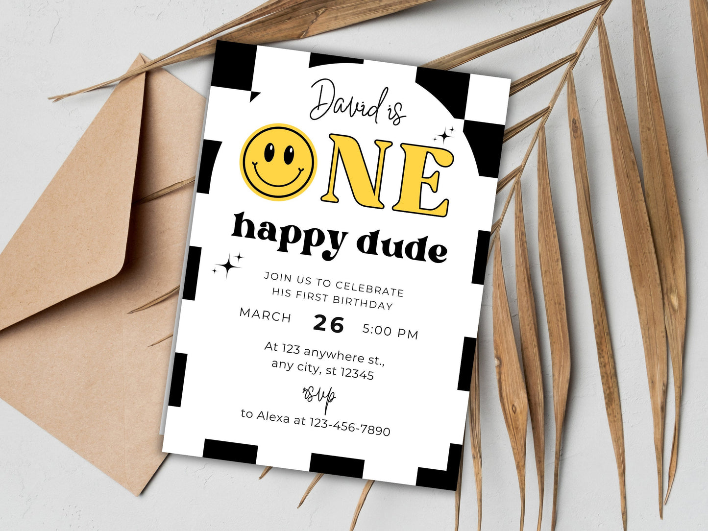 One Happy Dude Birthday Invite, Smiley Face, Emoji (Digital Download)