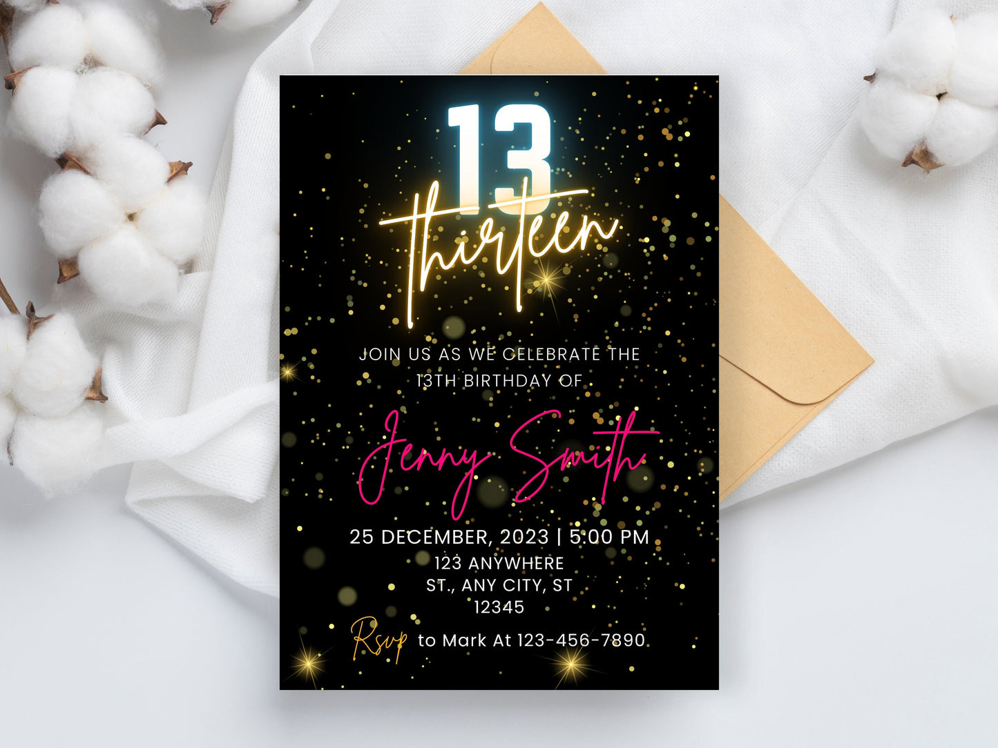 Bearbeitbare Neon-Einladung zum 13. Geburtstag, pinkes Design (Digitaler Download)