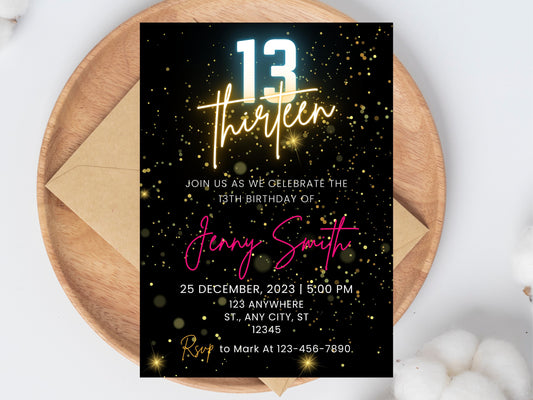 Editable Neon 13th Birthday Invitation, Pink Design (Digital Download)