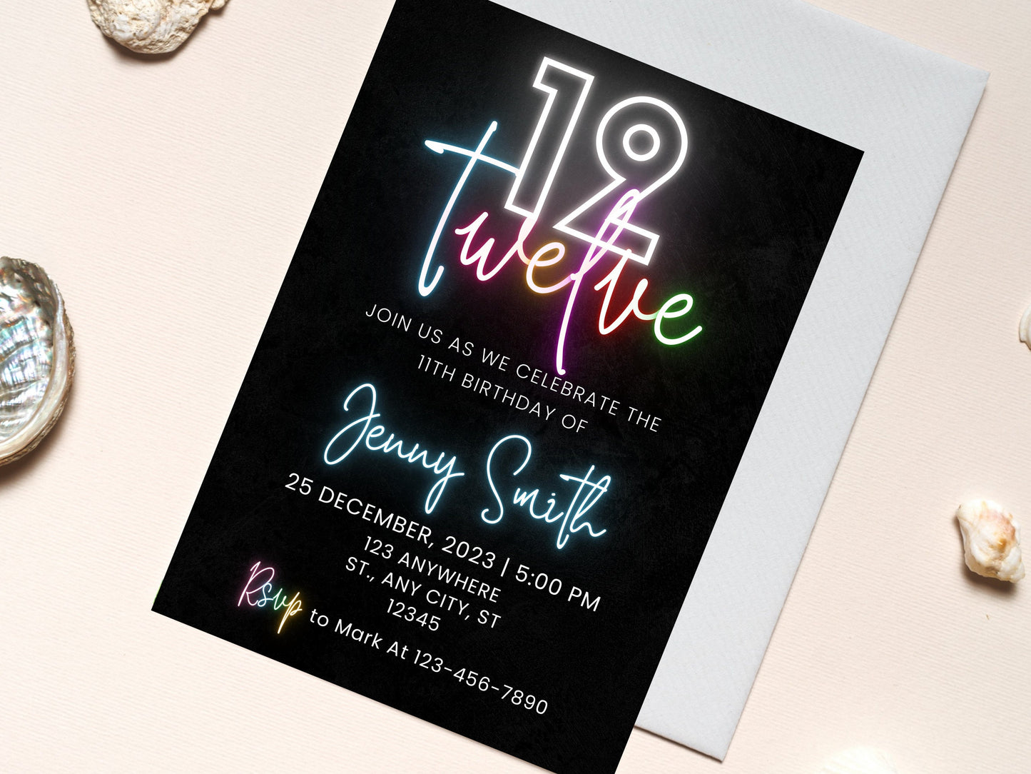 Editable Neon 12th Birthday Invitation, Pink Theme (Digital Download)