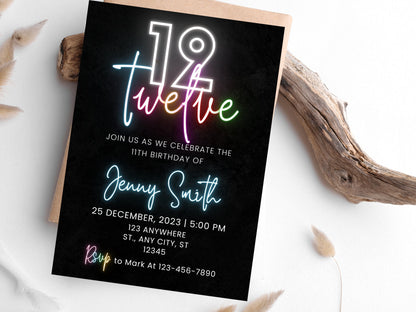 Editable Neon 12th Birthday Invitation, Pink Theme (Digital Download)