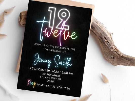 Editable Neon 12th Birthday Invitation, Pink Theme (Digital Download)