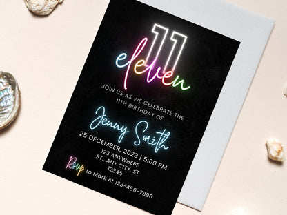 Editable Neon 11th Birthday Invitation, Pink Design (Digital Download)