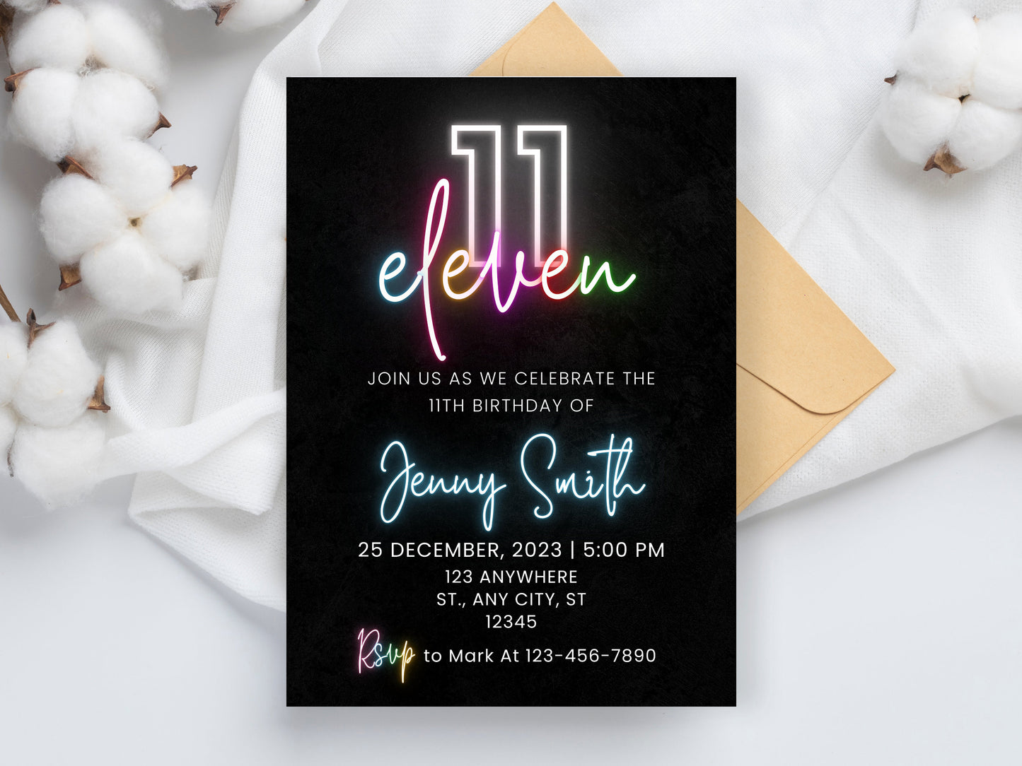 Editable Neon 11th Birthday Invitation, Pink Design (Digital Download)