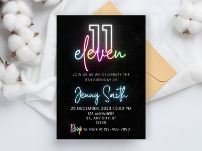 Editable Neon 11th Birthday Invitation, Pink Design (Digital Download)