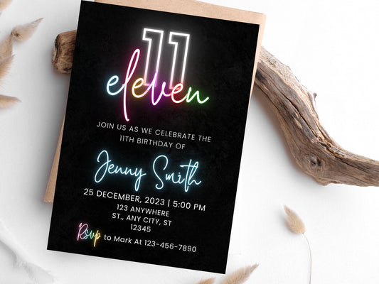 Editable Neon 11th Birthday Invitation, Pink Design (Digital Download)