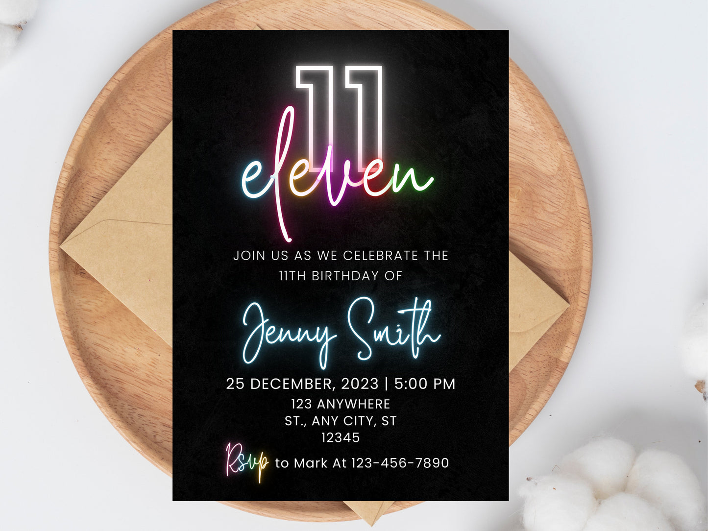 Editable Neon 11th Birthday Invitation, Pink Design (Digital Download)