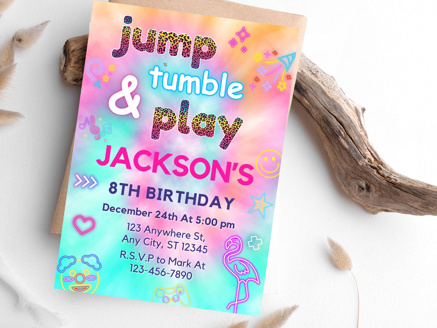 Trampoline Birthday Invitation, Tie Dye Jump Theme (Digital Download)