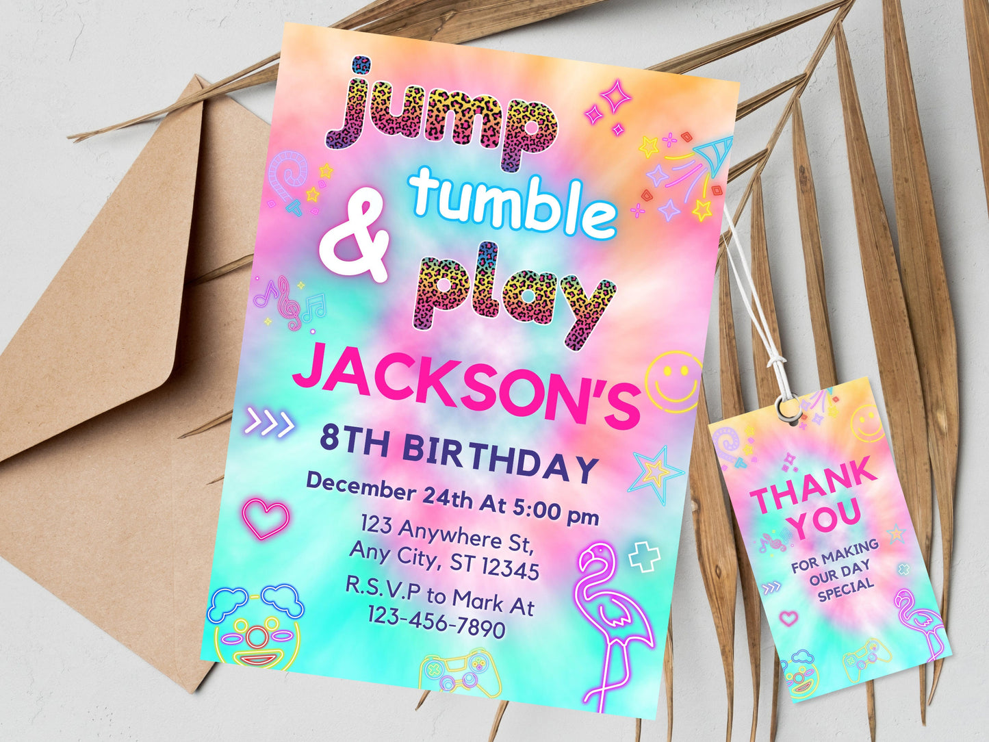 Trampoline Birthday Invitation, Tie Dye Jump Theme (Digital Download)