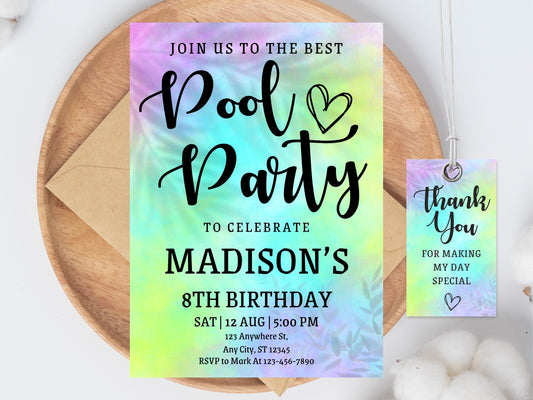 Tie Dye Pool Party Invitation, Editable Birthday Invite (Digital)