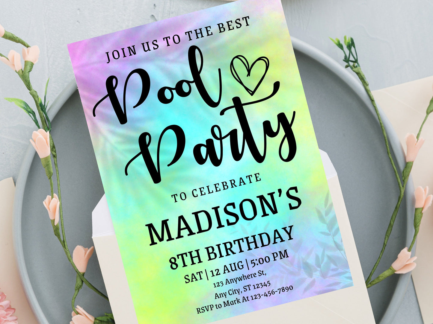 Einladung zur Poolparty im Batik-Stil, bearbeitbare Geburtstagseinladung (digital)
