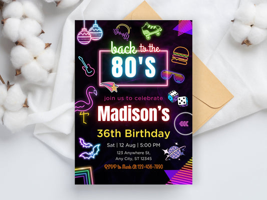 Editable 80s Birthday Party Invitation Template (Digital Invite)