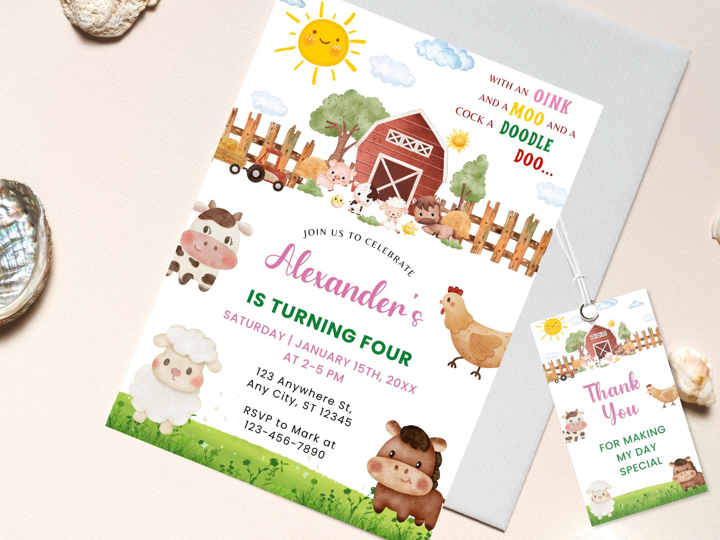 Farm Animals Birthday Invitation, Editable Barnyard Template (Digital Download)