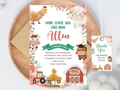 Farm Animals Birthday Invitation Template, Kids Ranch Party (Digital Download)