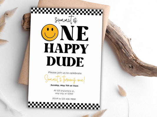 One Happy Dude Birthday Invite, Smiley Face, Checkered (Digital Download)