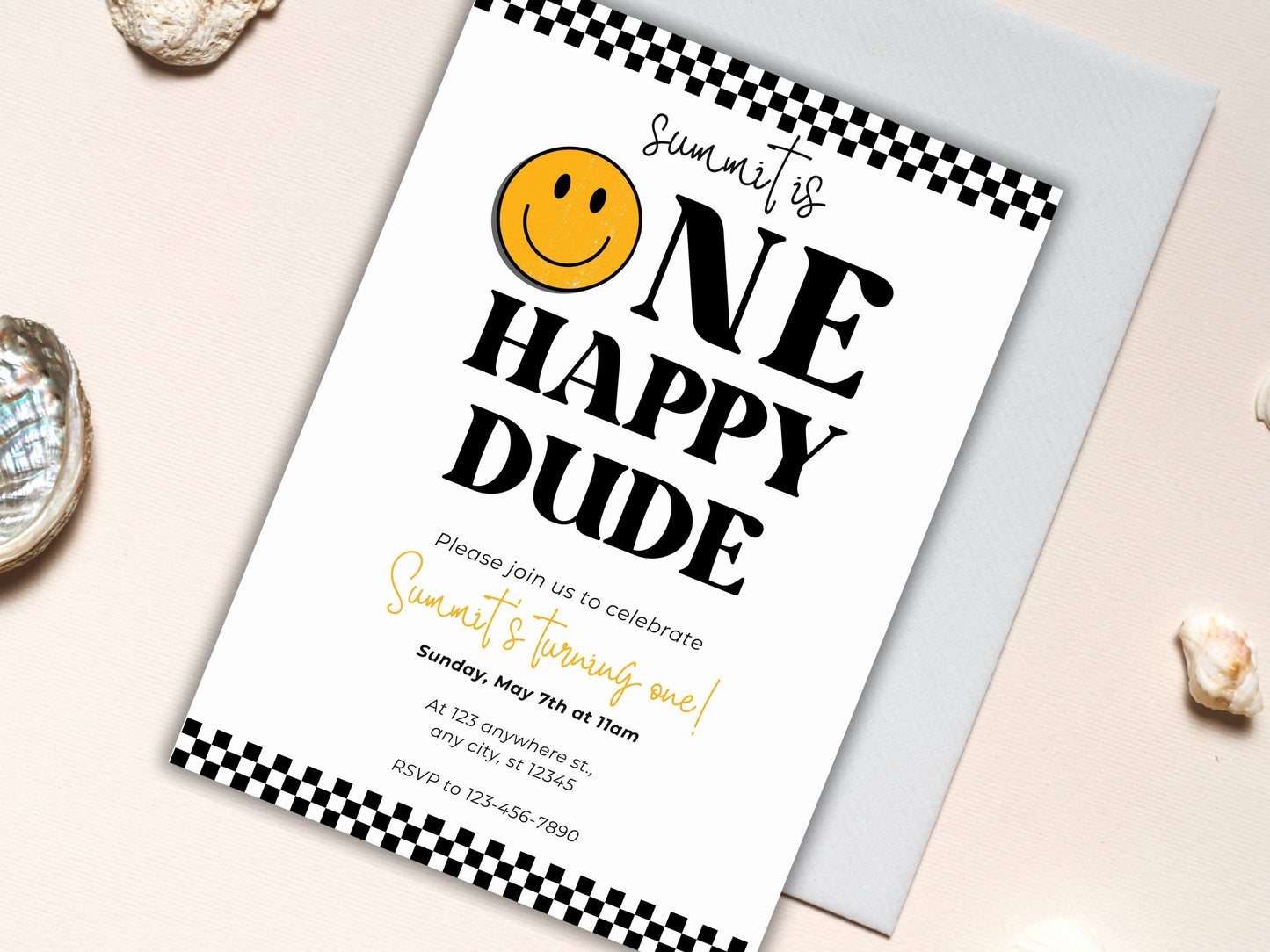 One Happy Dude Birthday Invite, Smiley Face, Checkered (Digital Download)
