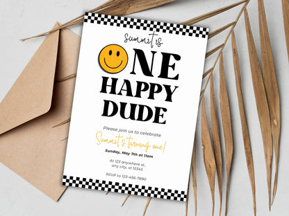 One Happy Dude Birthday Invite, Smiley Face, Checkered (Digital Download)