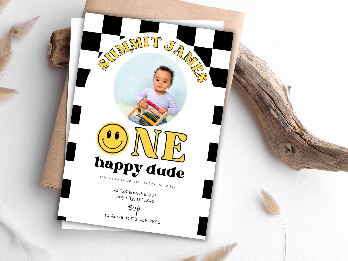 One Happy Dude Birthday Invite, Smiley Face, Editable Template (Instant Download)