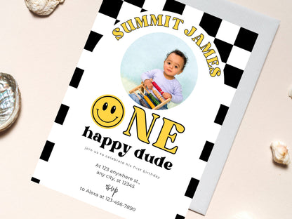 One Happy Dude Birthday Invite, Smiley Face, Editable Template (Instant Download)
