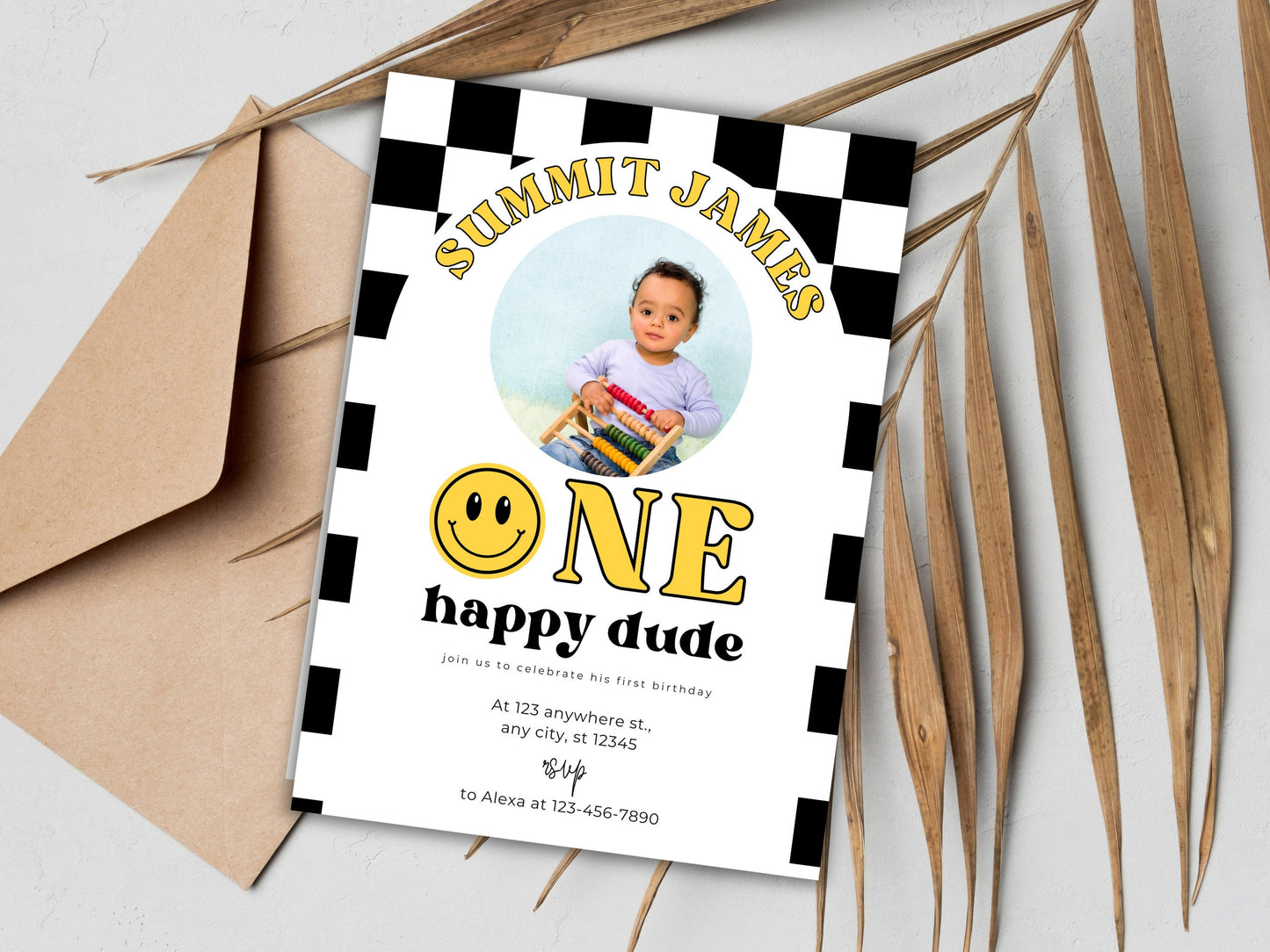 One Happy Dude Birthday Invite, Smiley Face, Editable Template (Instant Download)