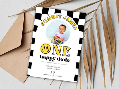 One Happy Dude Birthday Invite, Smiley Face, Editable Template (Instant Download)