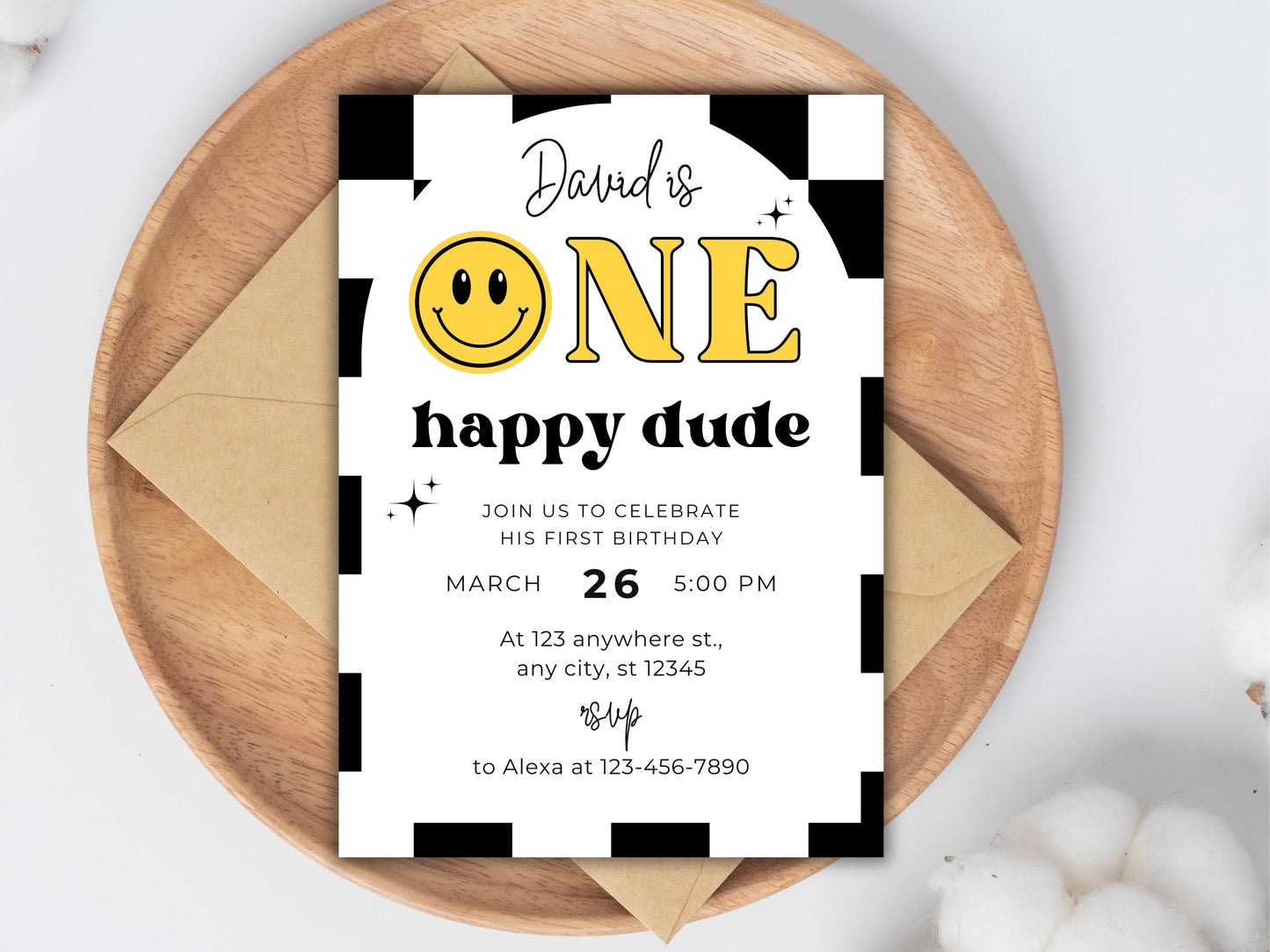 One Happy Dude Birthday Invite, Smiley Face, Emoji (Digital Download)