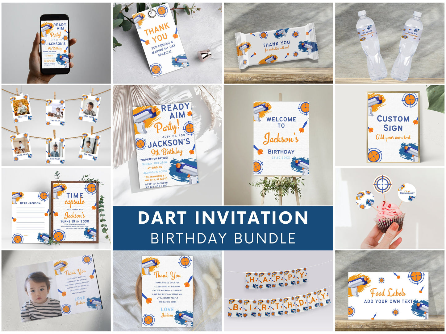 Dart Gun Birthday Party Invitation Bundle, Nerf Birthday Invitation Bundle, Dart Gun Party Pack Boy Birthday Decoration Template Bundle