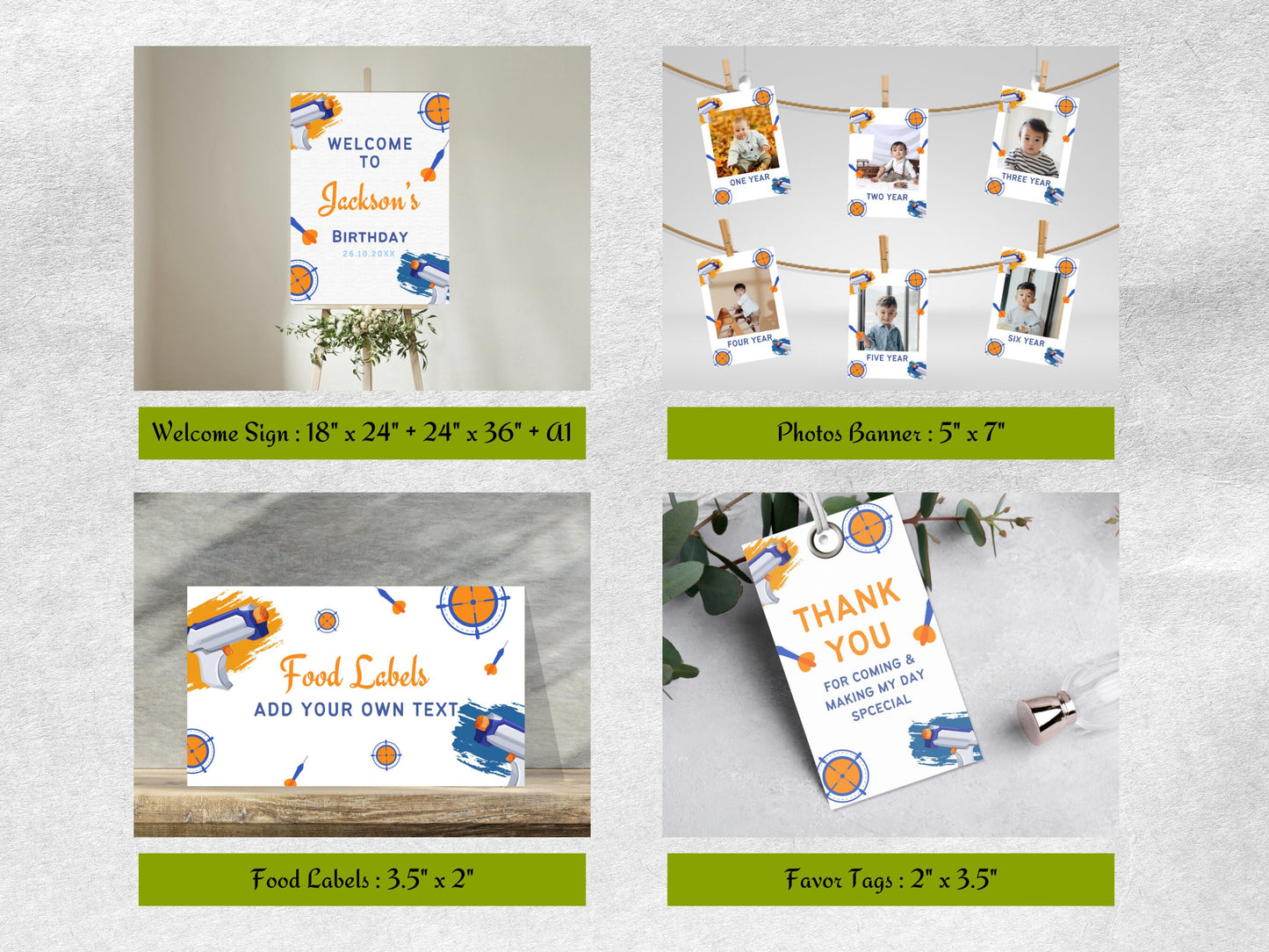 Dart Gun Birthday Party Invitation Bundle, Nerf Birthday Invitation Bundle, Dart Gun Party Pack Boy Birthday Decoration Template Bundle