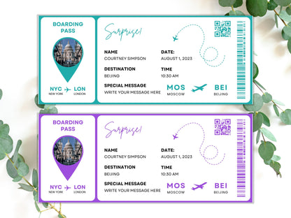 Editable Surprise Trip Boarding Pass Template, Printable Airline Ticket (Canva)