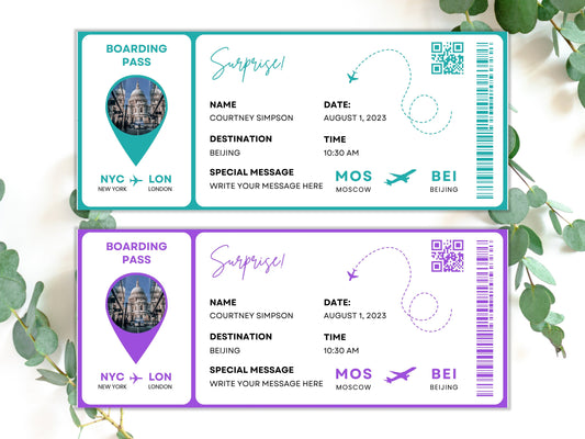 Editable Surprise Trip Boarding Pass Template, Printable Airline Ticket (Canva)