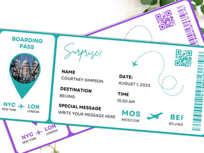 Editable Surprise Trip Boarding Pass Template, Printable Airline Ticket (Canva)