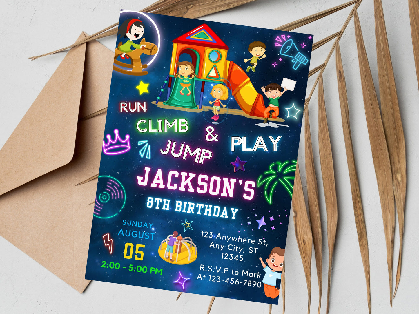 Einladung zum Geburtstag mit Regenbogen-Spielplatz, Einladung zur Parkparty (Digitaler Download)